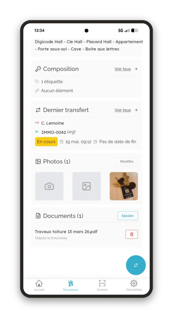tarao-app-photo-etiquette-anim Fiche objet dans l'application Tarao avec la photo de l'étiquette QR code apposée sur le trousseau