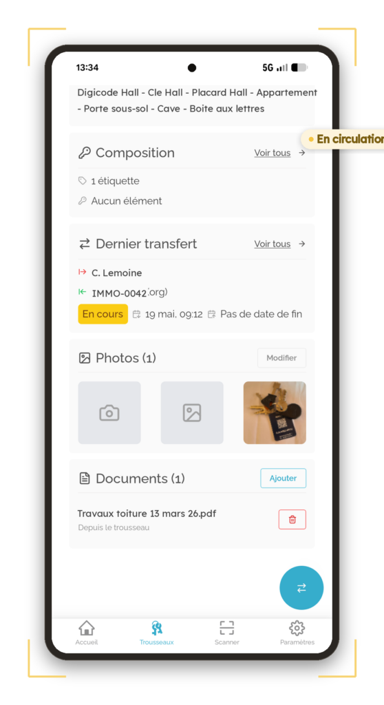 Application Tarao affichant la fiche d'un trousseau de clés étiqueté par QR code