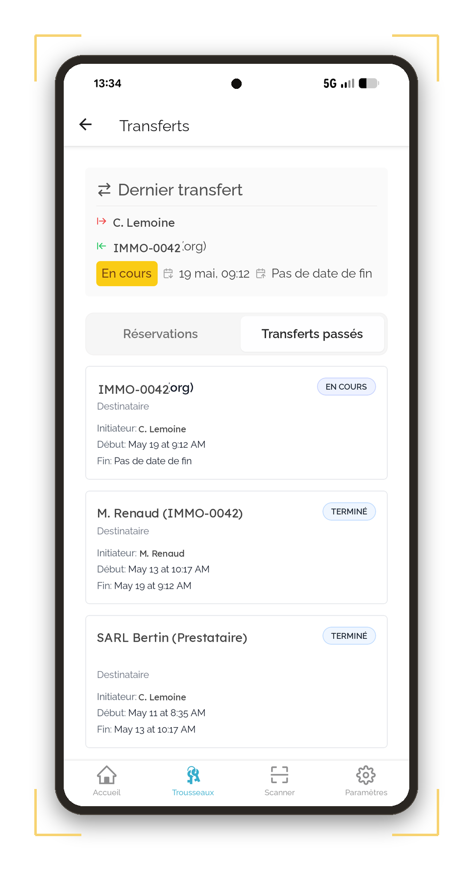 Logiciel de gestion des clés Tarao : écran de transfert d'un trousseau après scan du QR code