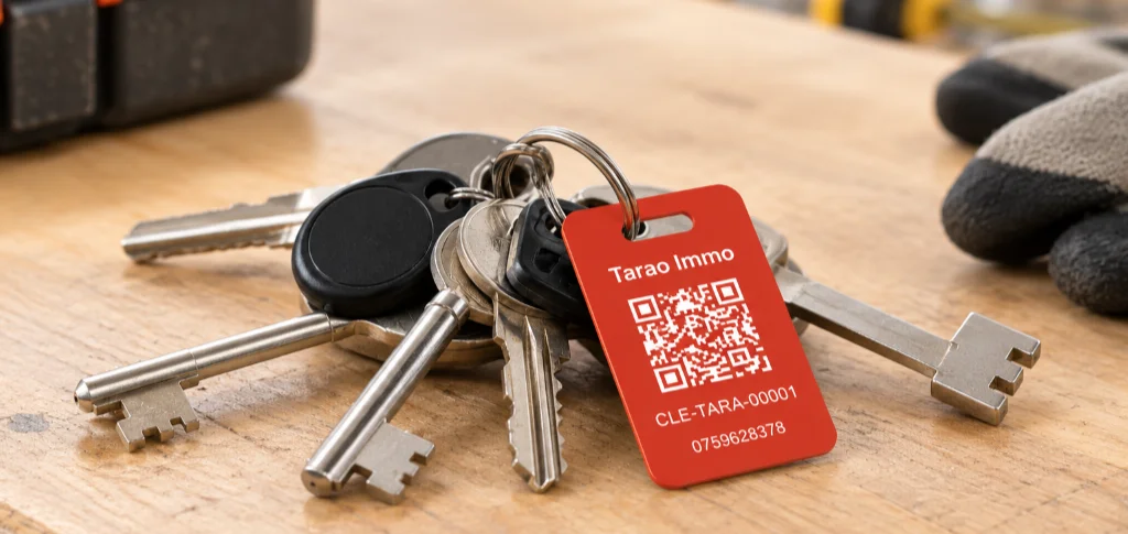 Étiquette QR porte-clés Tarao sur un trousseau de clés de bâtiment communal