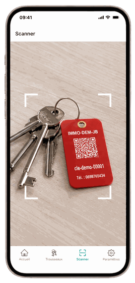 Écran de scan TARAO, étiquette QR sur un trousseau