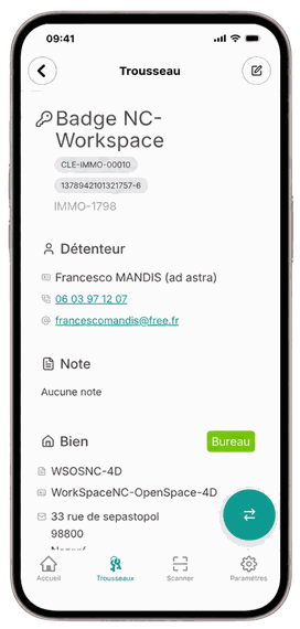 Fiche trousseau : détenteur, coordonnées, bien associé