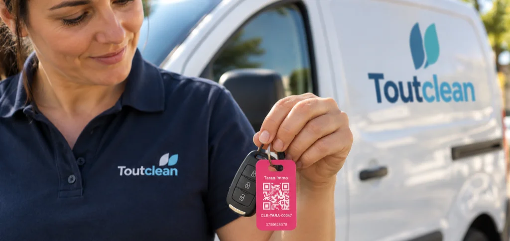 Employée d'une entreprise de nettoyage présentant un trousseau de clés avec Tarao